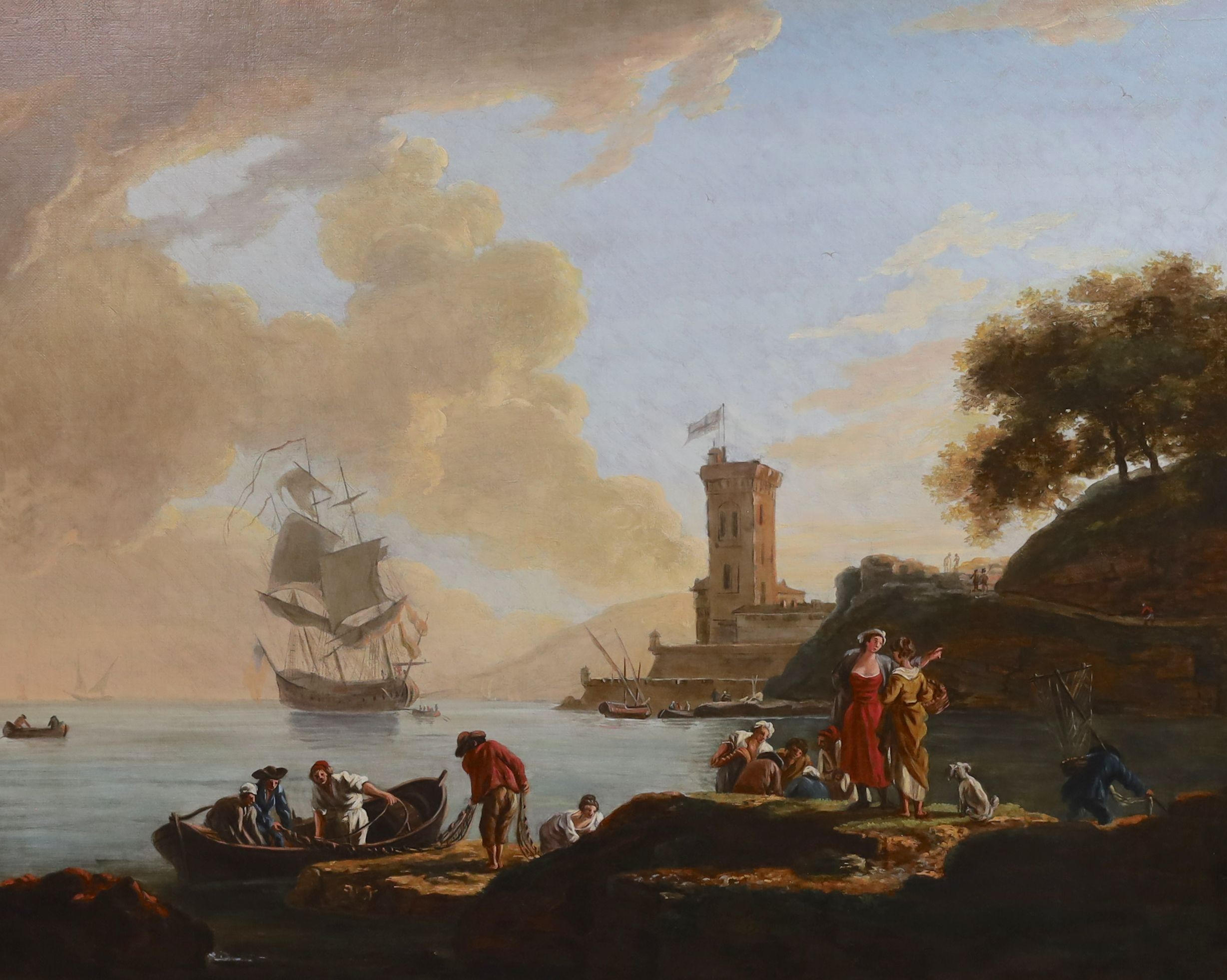 Flore Marescaille de Caffort (French, 1778-1846), Claudian style harbour scenes with figures dis-embarking and fisherfolk, pair of oils on canvas, 64 x 79cm